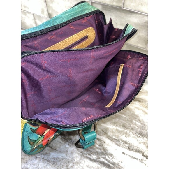 Anuschka Hand Painted Art Leather Tiger Leopard Hibiscus Satchel Purse W/Coin - Picture 15 of 16